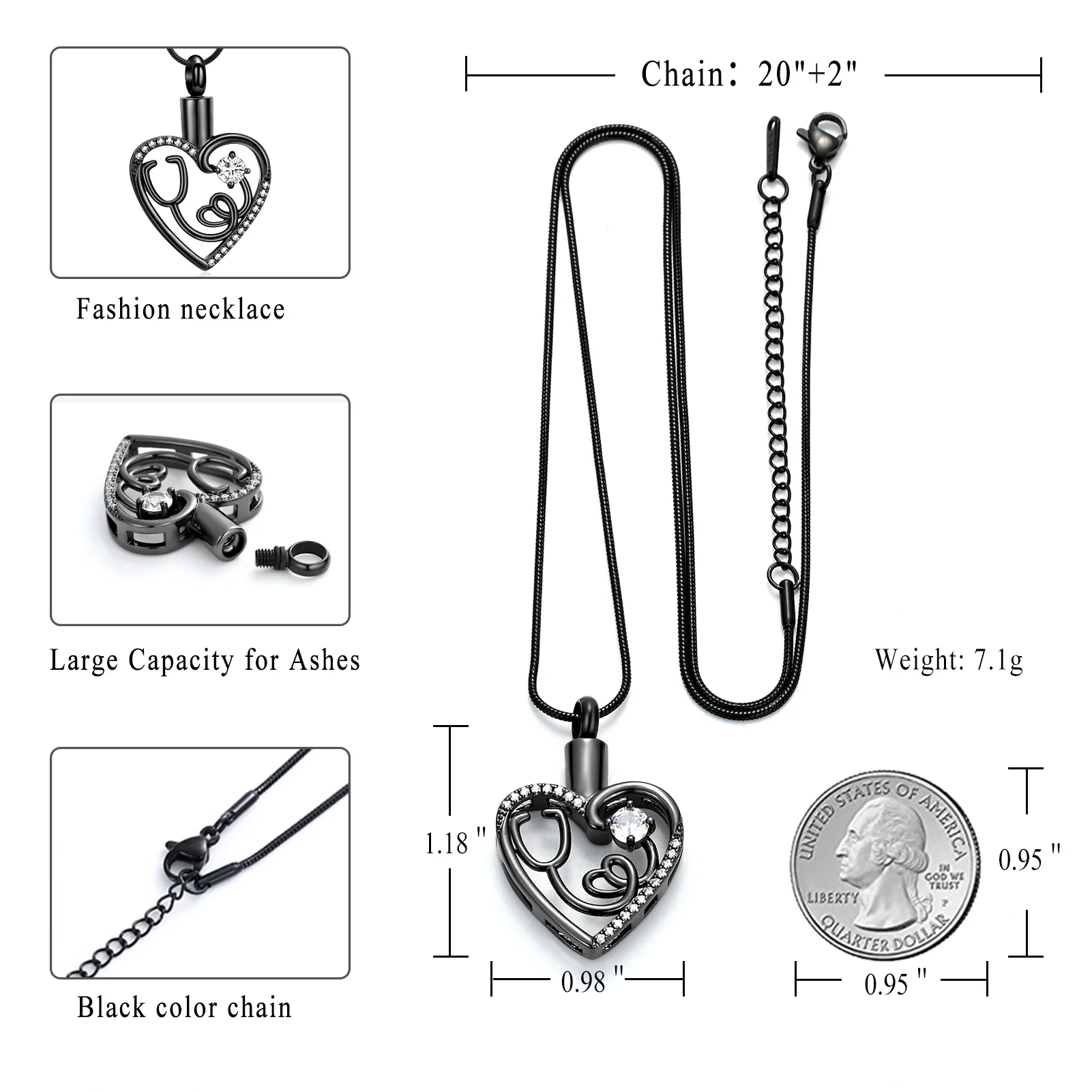 Stethoscope Urn Necklace for Ashes Heart Crystal Cremation Jewelry Stainless Steel Keepsake Memorial Ashes Pendant for Women Men