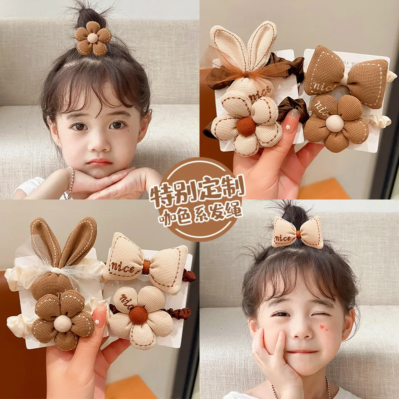 NEW Korean Cartoon Chocolate Elastic Hair Bands Bear Rabbit Hair Ties Rope Girls Gum Smile Flower Scrunchies Kid Ponytail Holder