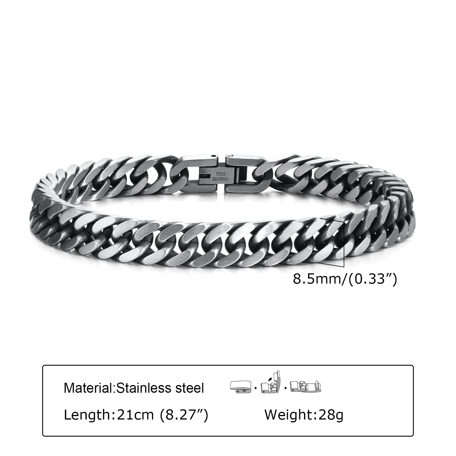 8.5/10.5mm Width Retro Silver Color Stainless Steel Cuban Chain Bracelets for Men Male Gift Jewelry