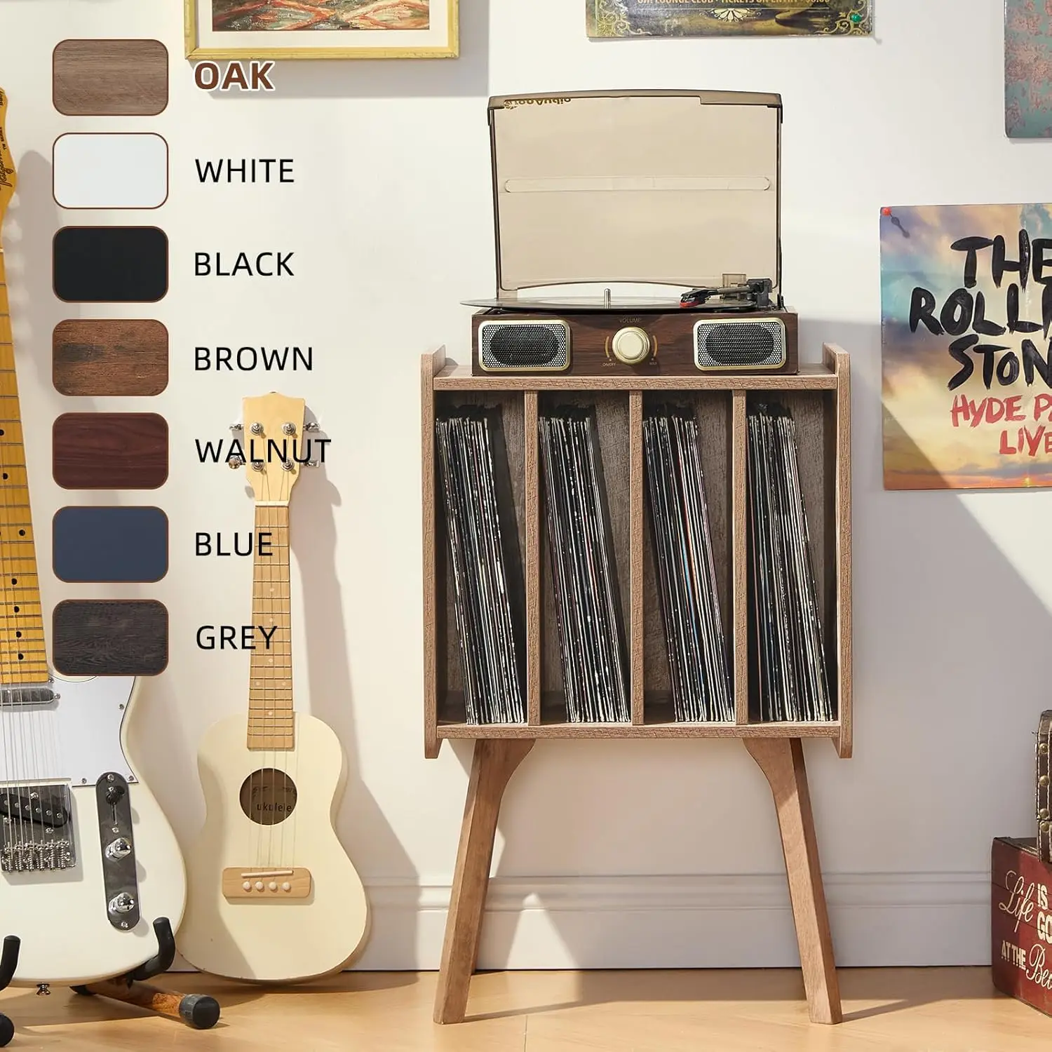 オーク材ビニールレコード収納テーブル、キャビネット4つ付き、アルバム80枚収納可能、リビングルーム、寝室用ターンテーブルスタンド