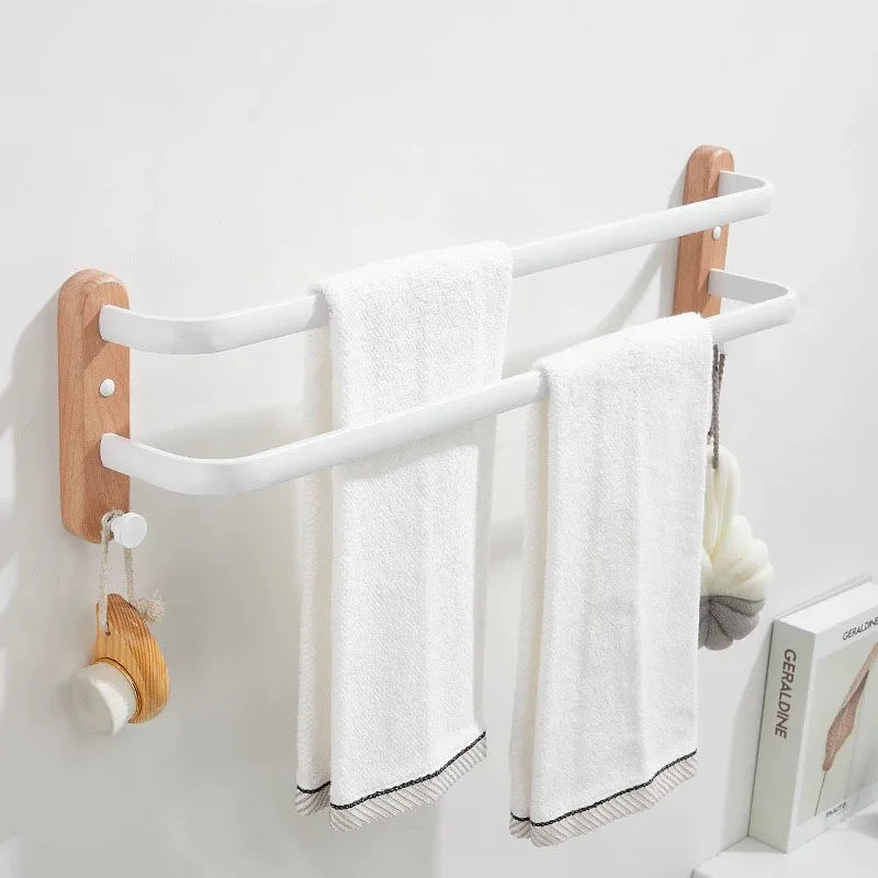 Wood Bathroom Towel Bar Wall Mounted Toilet Rack White Towel Holder Whie Hook 40-50cm  Bar Rail Bathroom Accessories