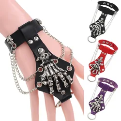 Punk Skull Finger Wrist Chains Leather Bracelets Bangle Women Hand Bangles Halloween Grunge Bracelet Jewelry Steam punk Men