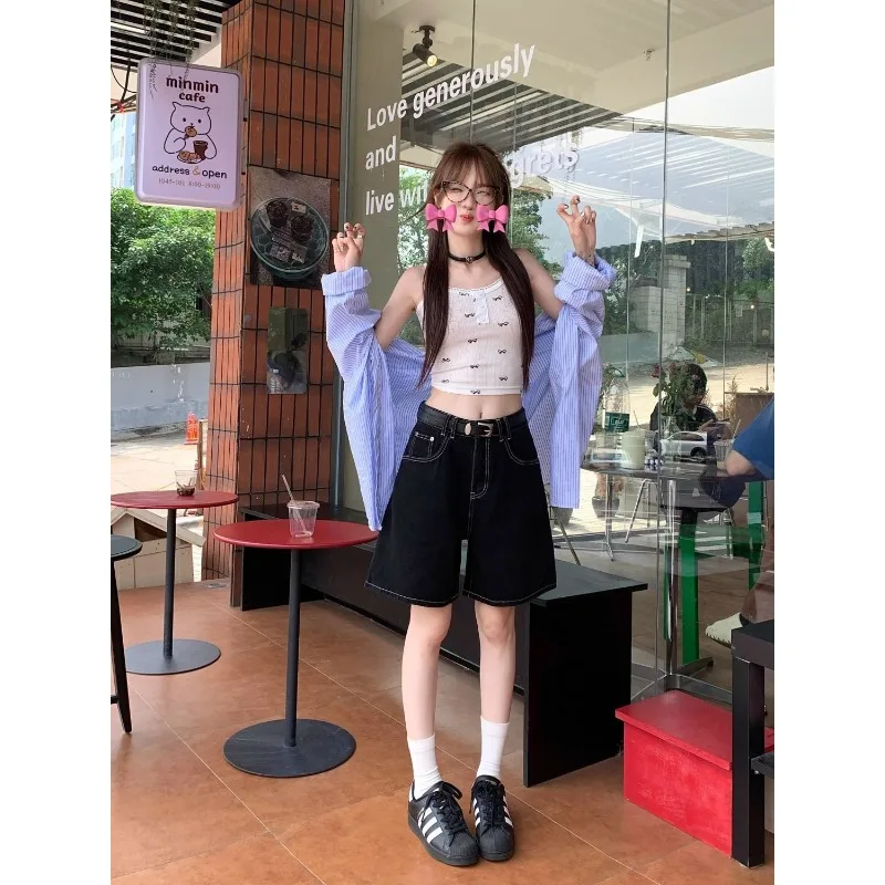 Pantalones cortos de mezclilla para mujer, pantalones cortos rectos de estilo de Hong Kong, sueltos, negros, de longitud media, finos, de cintura alta, para verano