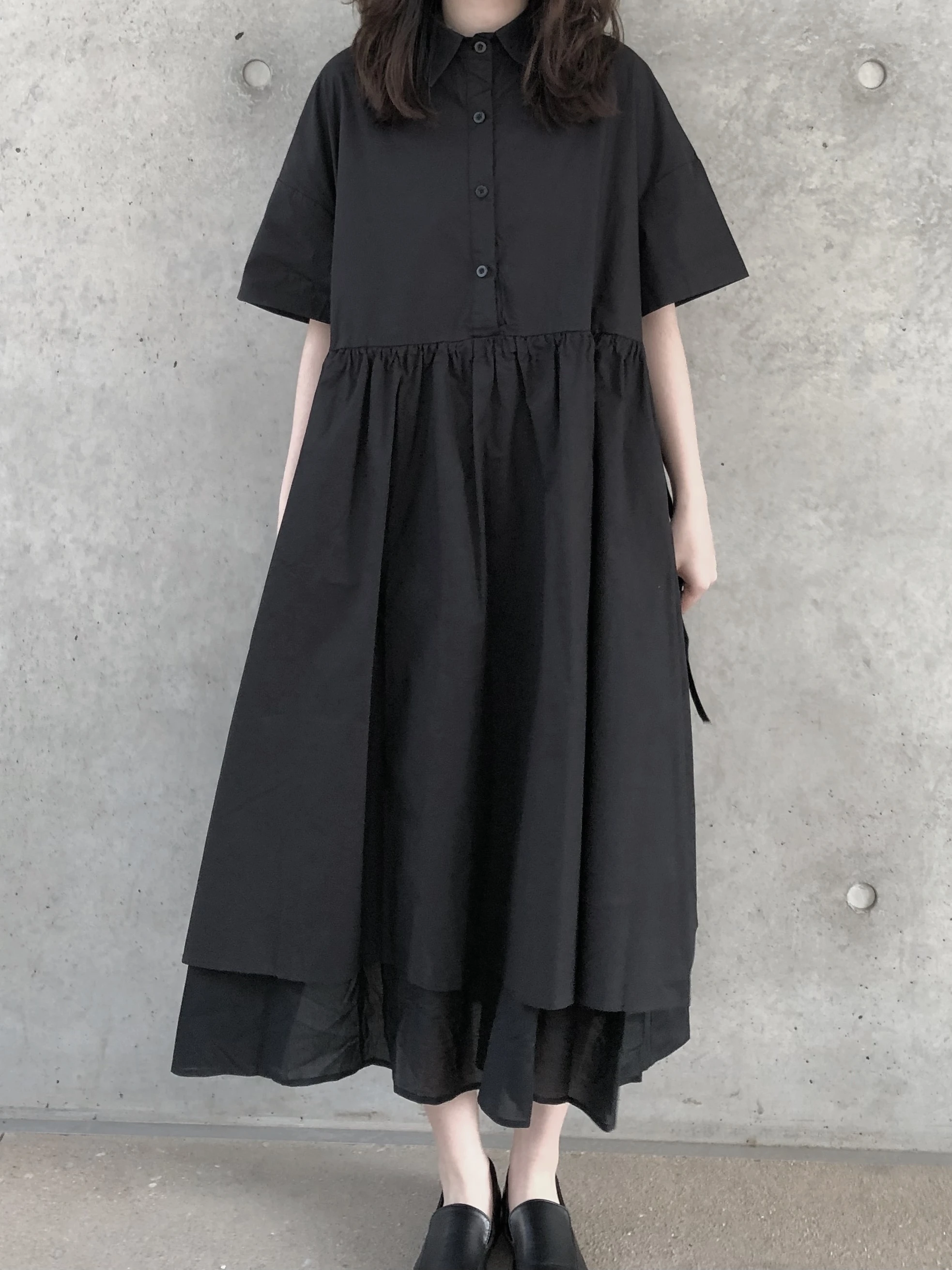 Dark Style Shirt Dress Fake Two-Piece Short Sleeve Women's Loose Summer Cotton High Waist A-Line Midi Dress Simple Commute