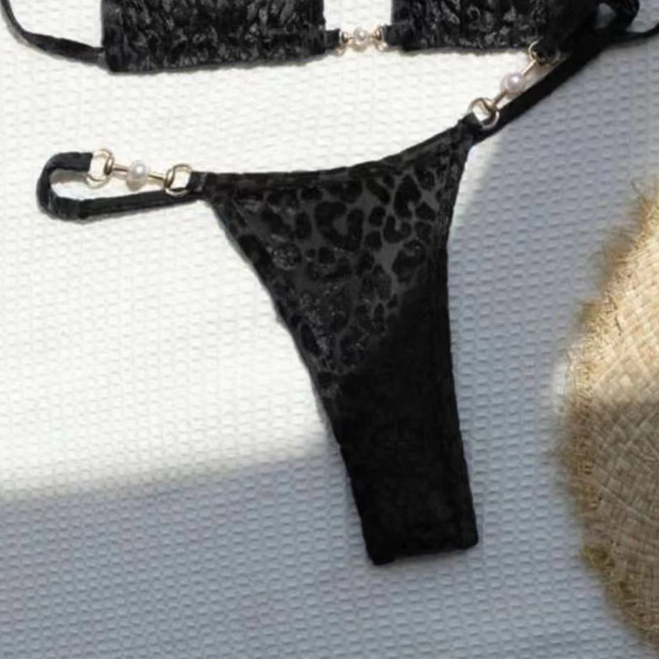 2024 czarne zestawy Bikini Sexy lampart aksamitny materiałowy strój do kąpieli kobiet w kształcie litery T mikro stringi Mujer sznurkiem Halter Mini