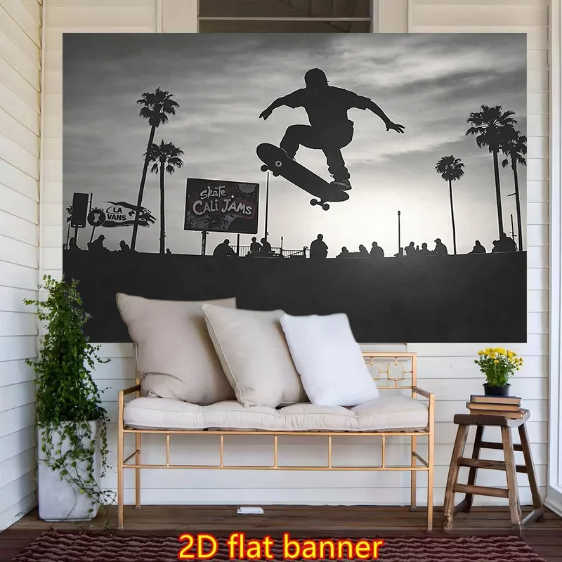 Boho Skater Wall Tapestry Canvas Print Black and White Vintage California Skate Beach Palm Tree Art Decor Poster