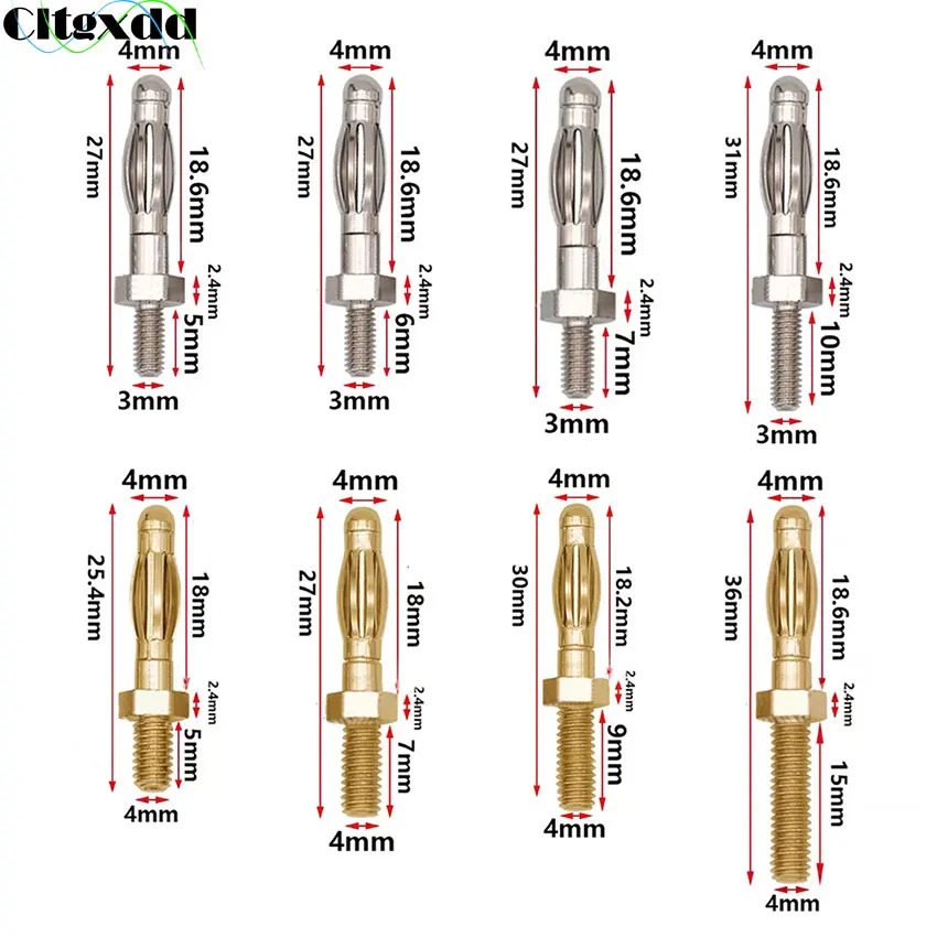 

10pcs 3mm 4mm Silvery Gold Lantern Type Banana Plug M3 M4 Thread Male Connector Audio Plug Cold Pressure Solderless Electric DIY