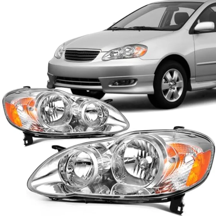 

Headlights For Corolla 2003-2008 Headlamps Chrome Housing Amber Reflector Clear Lens Driver and Passenger Side