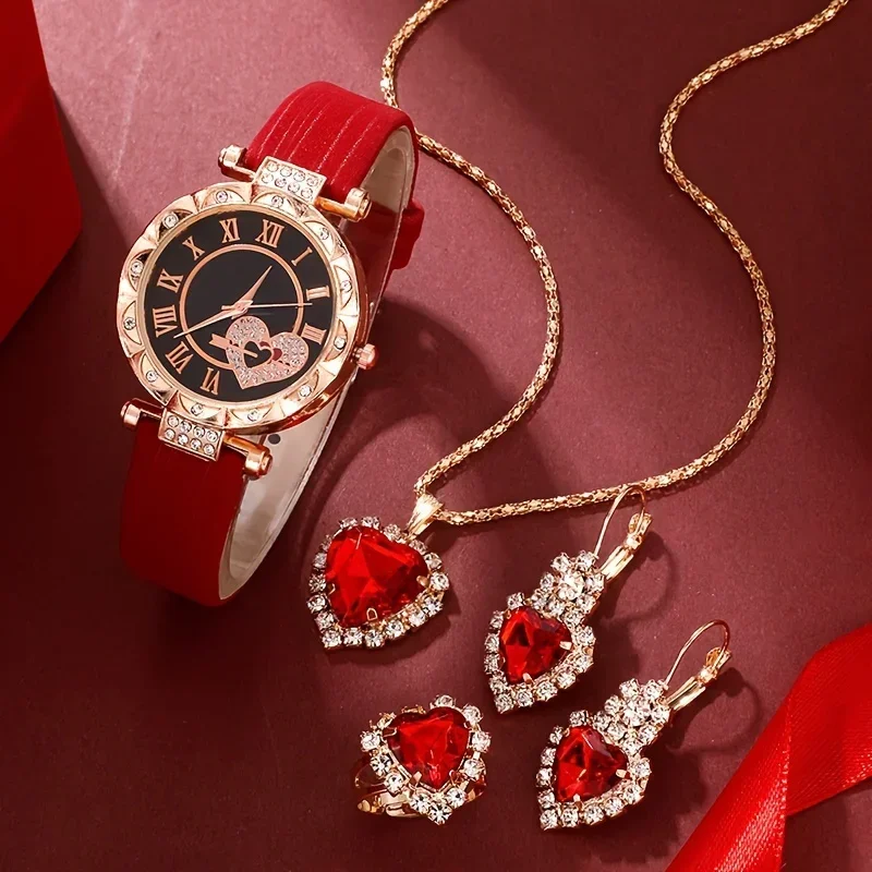 5pcs/set Women's Watch Romantic Rhinestone Heart Quartz Watch PU Leather Wrist Watch & Jewelry Set, Valentines Gift For Her