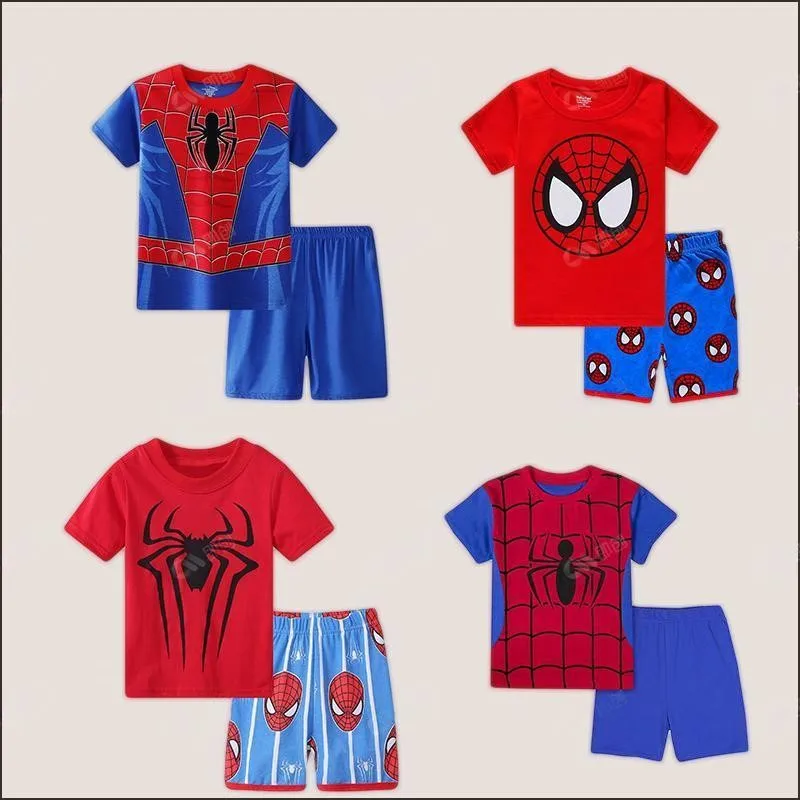 Cartoon SpiderMan Children's Short Sleeve Set Avengers Anime Movies Kid Summer T-shirt Shorts Home Clothing Suits Birthday Gift