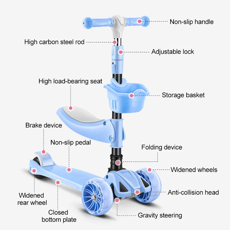 Kick Scooter for Kids with Seat Scooter Light up 3 Wheels with Adjustable Handlebar for Boys & Girls Ages 2-12