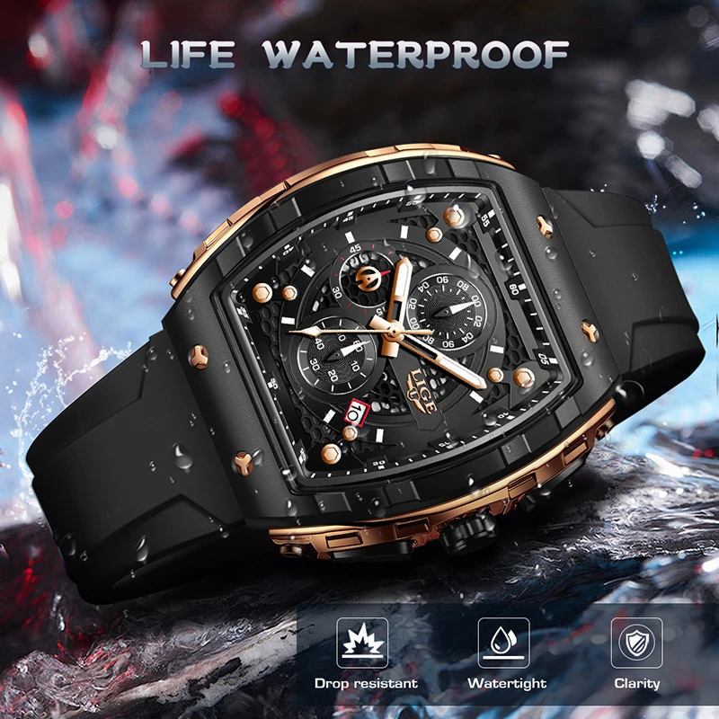 LIGE الأصلي 2025 ساعة رجالي كلاسيكية فاخرة كوارتز سيليكون حزام تاريخ مضيئة الأعمال ساعات عادية للرجال reloj hombre