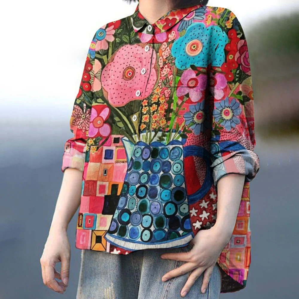 

New Ladies Vintage color floral print lapel shirts for women, casual shirts, high quality fashion clothing, commuter clothing