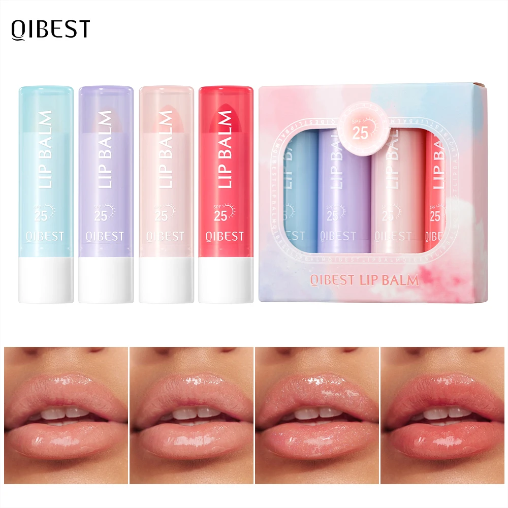QIBEST Set di 4 Balsami Labbra, Kit di Trucco, Rossetto Incolore Idratante, Rossetto a Lunga Durata, Balsamo Labbra Nutriente per Cura Quotidiana, Cosmetici