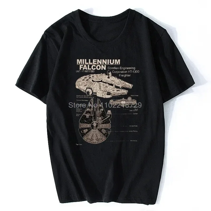 Men's Millennium Falcon Schematics Graphic T-Shirt. Summer Cotton Short Sleeve O-Neck Unisex T Shirt Oversize Streetwear