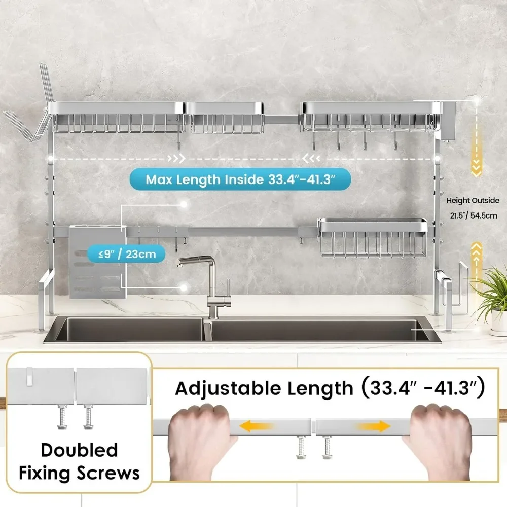 Large Stainless Steel Over The Sink Dish Drying Rack 2 Tier Length Adjustable Dish Drainer for Kitchen Sink Auto Drainage