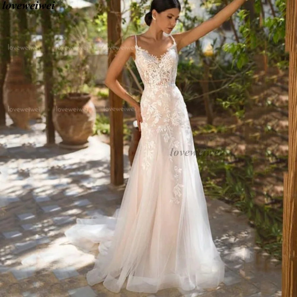 Maßgeschneiderte Brautkleider Meerjungfrau-Stil V-Ausschnitt Brautkleid mit Applikationen Spitze Spaghetti-Trägern Brautkleider für Strand Hochzeiten Vestidos De Novia