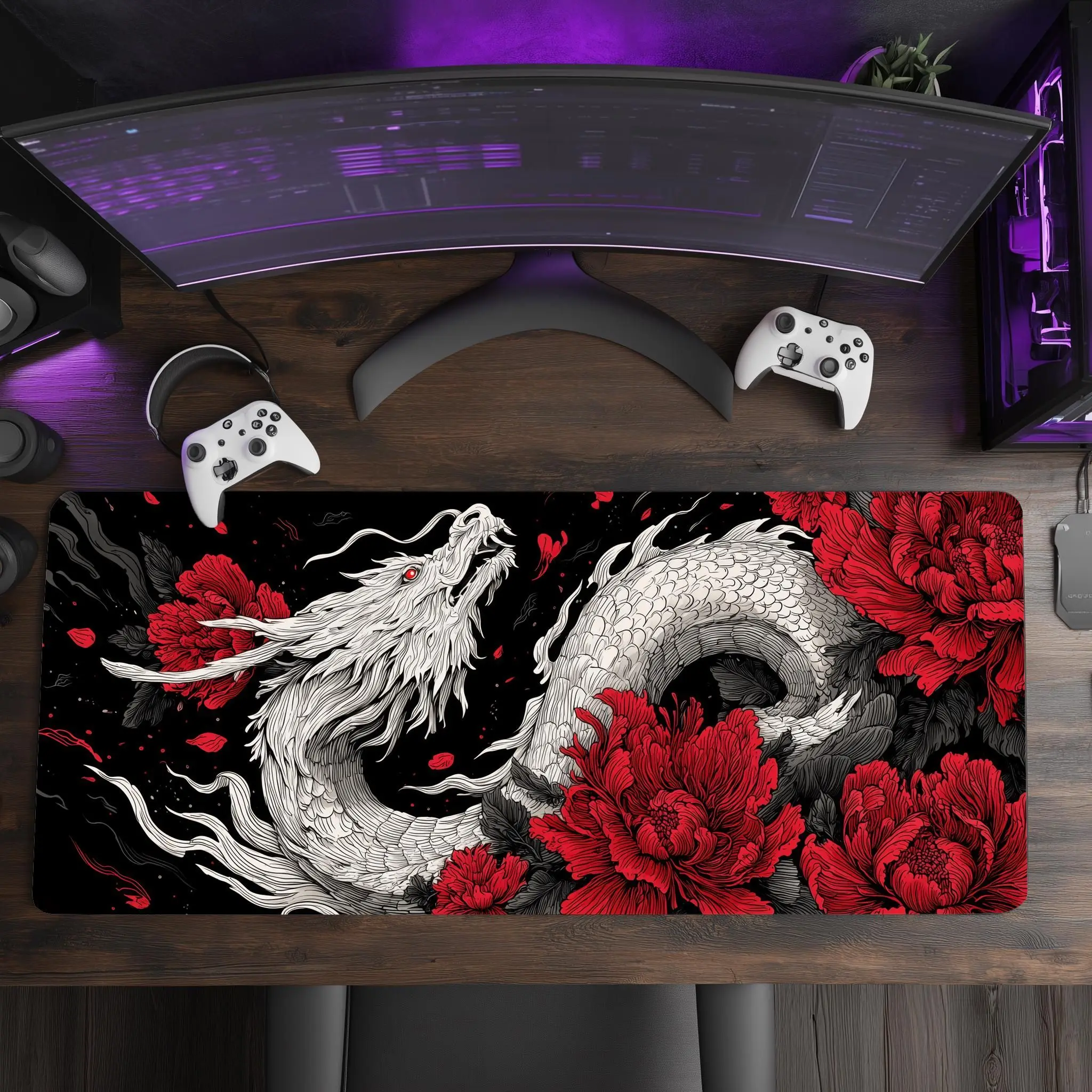 White Dragon Mousepad Japanese Mythical Serpent with Red Peonies, Large Desk Mat Gaming Mouse Pad Laptop Gamer Office Gaming Mat