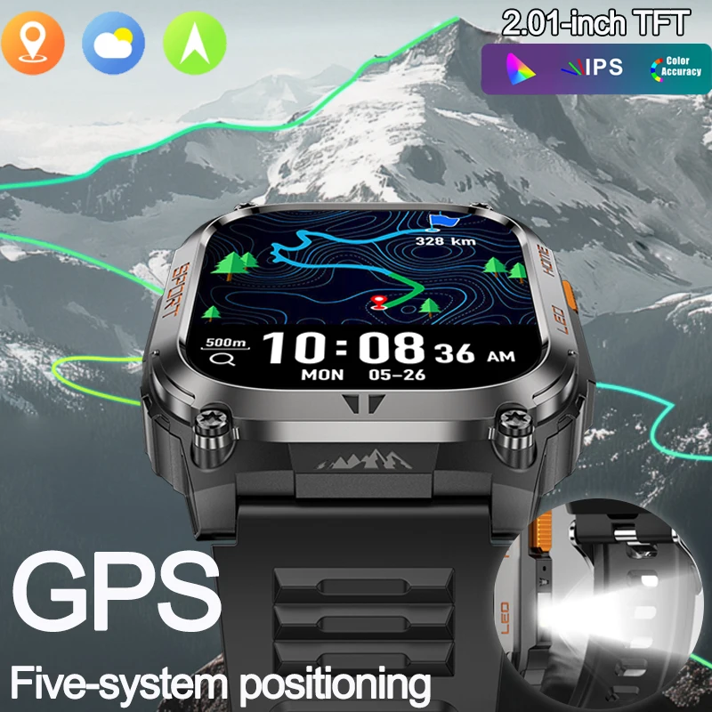 

Смарт-часы с пятью системами и GPS-позиционированием, светодиодный фонарик, IP68, водонепроницаемый, 2,01 дюйма, HD 630, большая батарея, BT Call, спортивные умные часы
