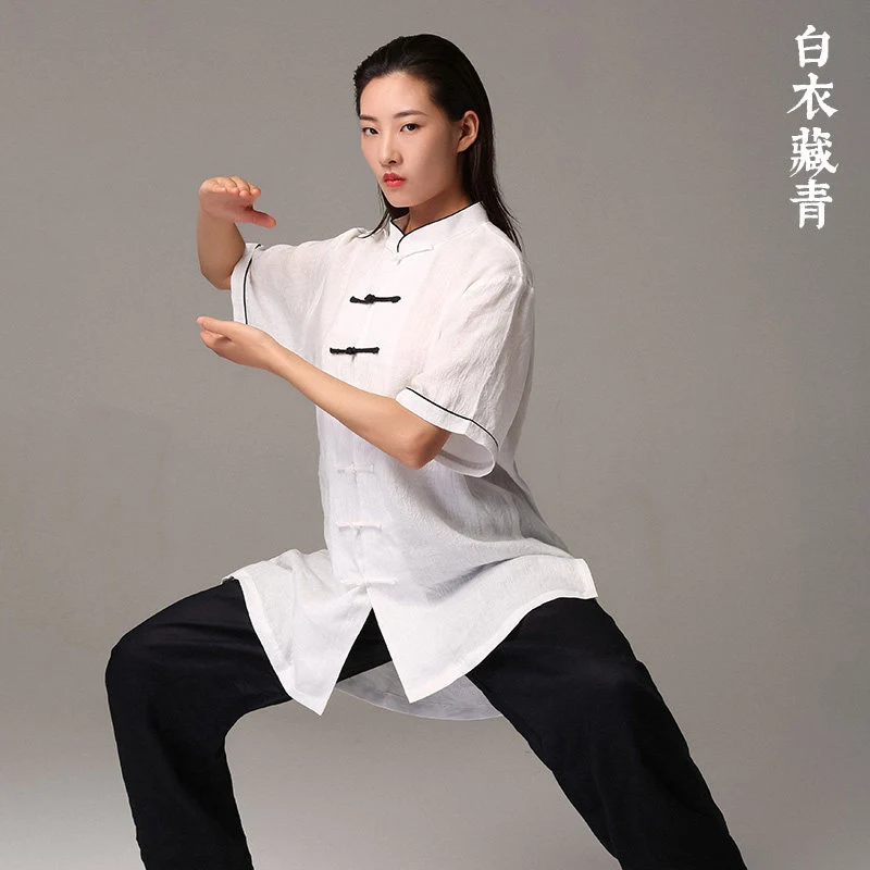 Linen Short Sleeve Tai Chi Uniform for Women Men Spring Summer Martial Arts Performance Competition Color Block Wear