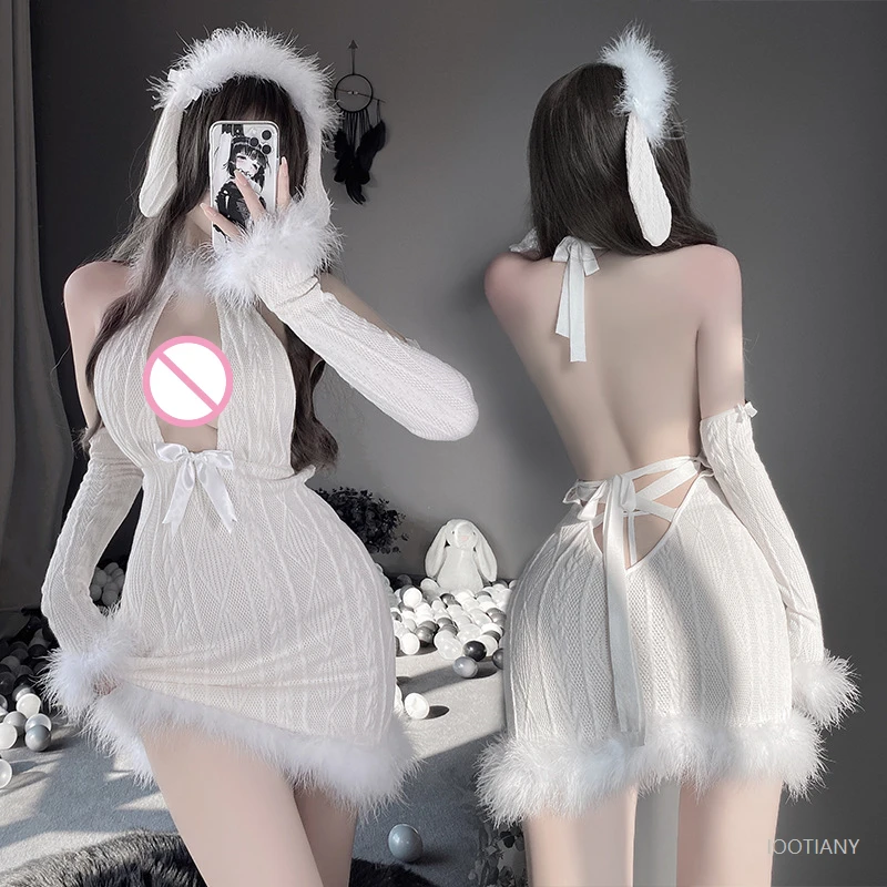 

Japanese Sheep Girl Cosplay Costume Halter Backless Plush Slim Mini Dress Lovely Tempatation Porno Nightclub Bunny Girl Costumes