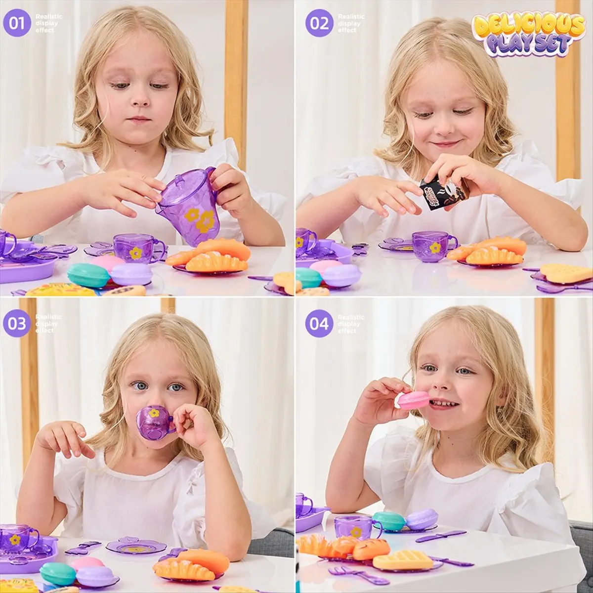 plplp 33pc Play House Kitchen Toy Set Children Tea Party Play Set for Kids, Role Playing Toy with Dessert and Tableware Purple