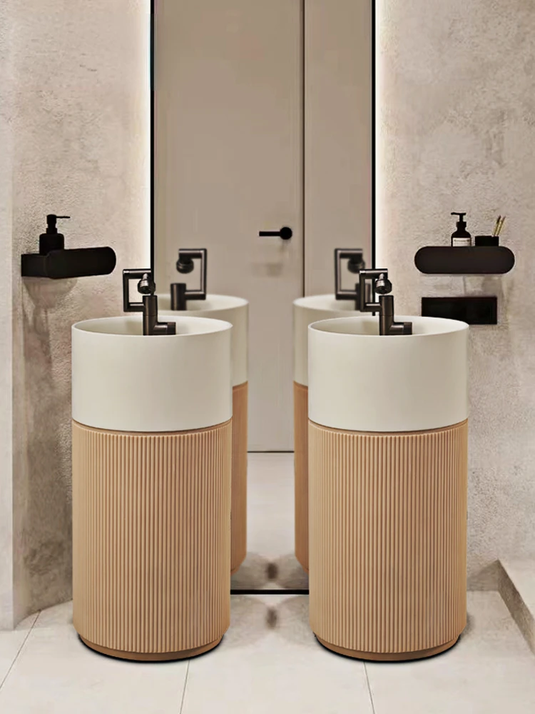 

Cylindrical Vertical Wash Basin Bathroom Personalized Art Pedestal Basin Integrated Floor Sink Basin