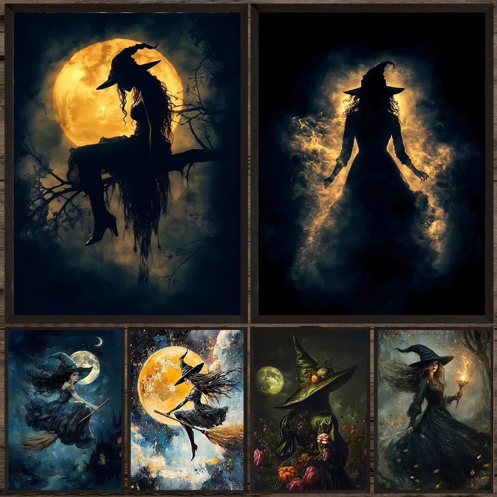 

Enchanted Moonlit Witch Abstract Wall Art Canvas Painting,Witch Flying On Broomstick Witchcore Aesthetic Art Poster Print Decor