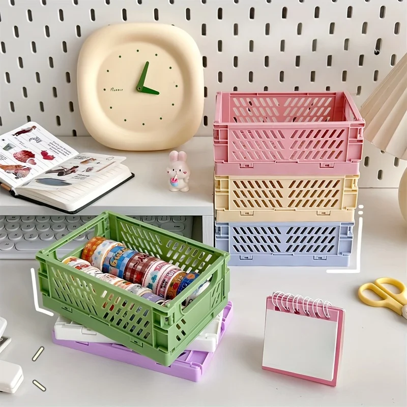 6 Colors Foldable Plastic Storage Basket Desktop Organizer For Washi Tape Stationery Small Tools Desk Storage