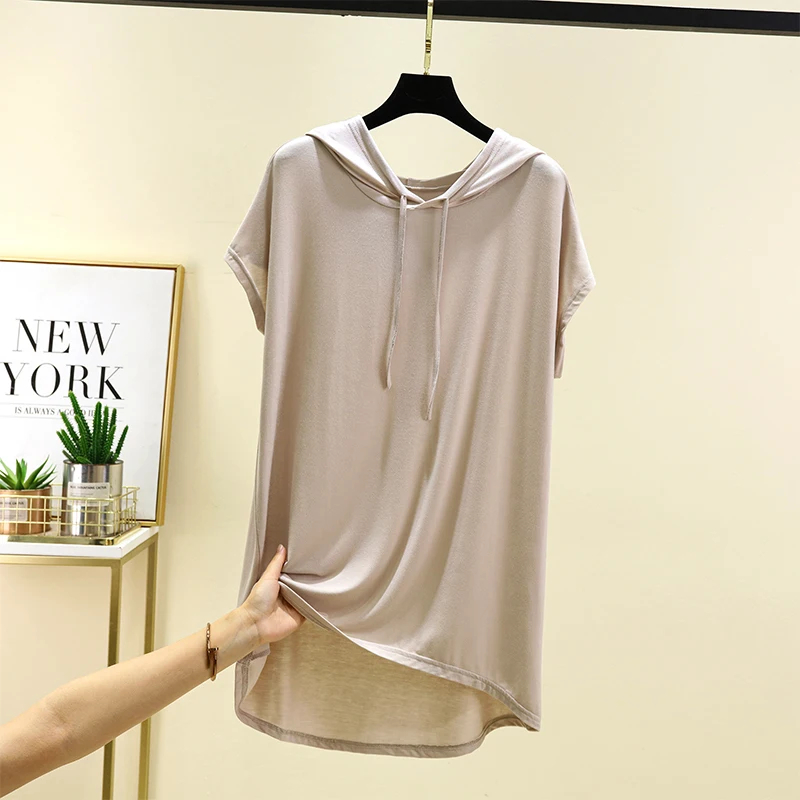 Summer Casual Loose Modal Short Sleeve T-Shirt Women's Mid-Length Hoodie Thin Outerwear Top plus Size Base Shirt
