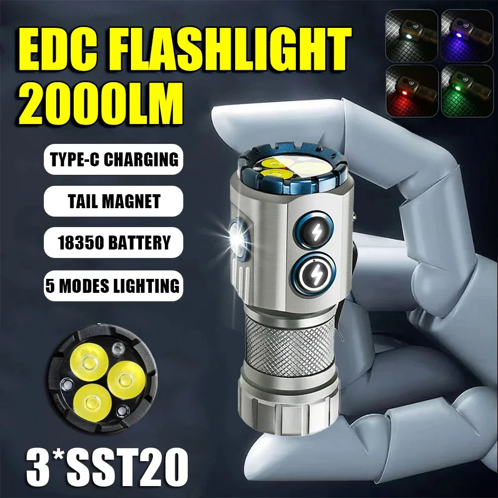 Gen2USB Rechargeable RGB LED Flashlight 2000LM Powerful Mini EDC Tactical Lantern for Outdoor Camping Fishing with 18350 Battery