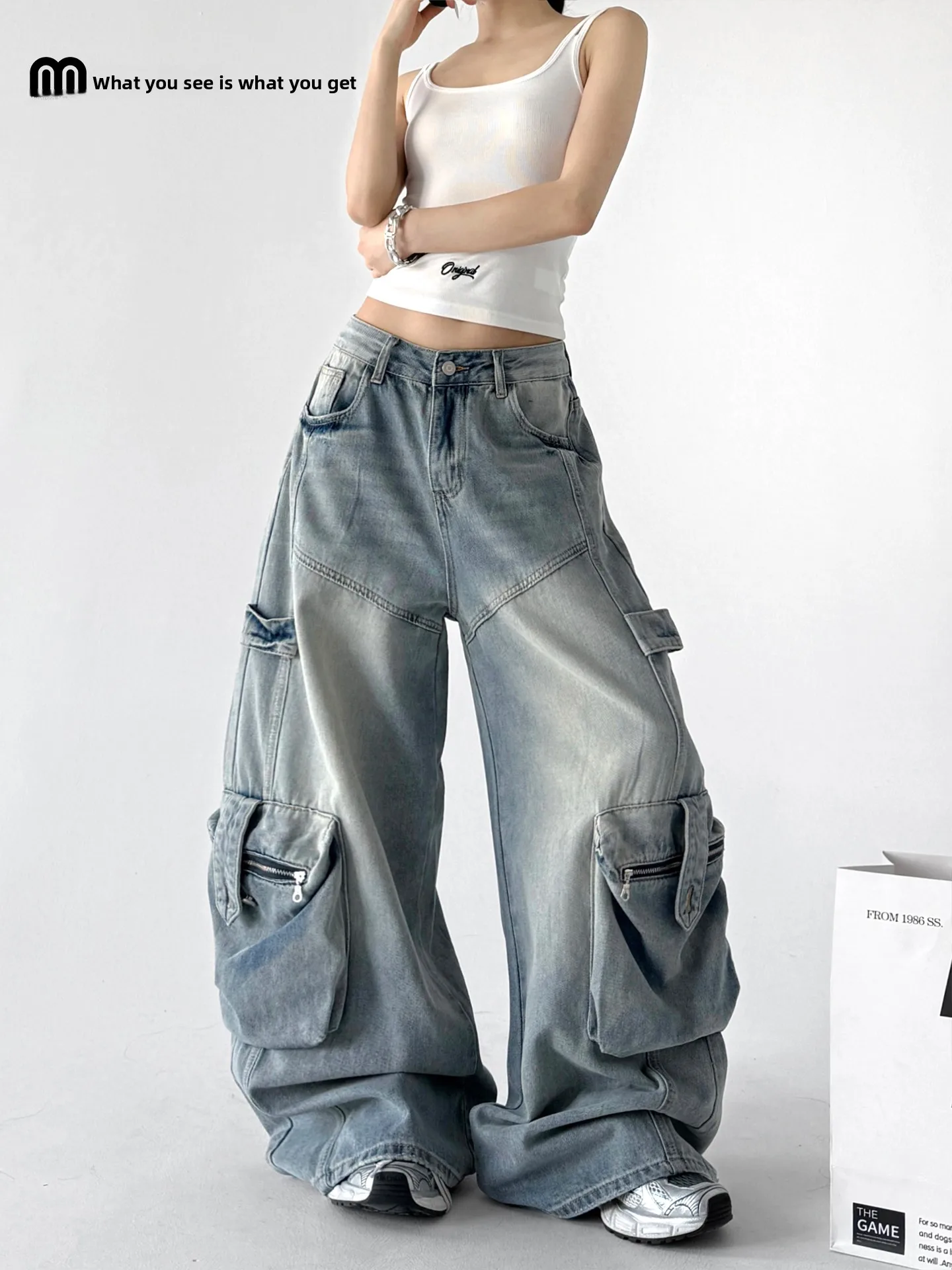 

Retro Workwear Denim Jeans Women's Loose Slimming Wide Leg Floor-Length Pants Multiple Pockets Spring New Arrival