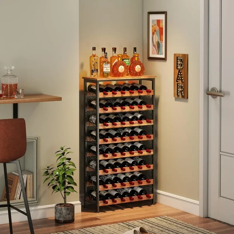 48 Bottles Floor Wine Rack with Wood Top Wobble-Free 8 Tier Wine Display Storage Stand for Kitchen Pantr