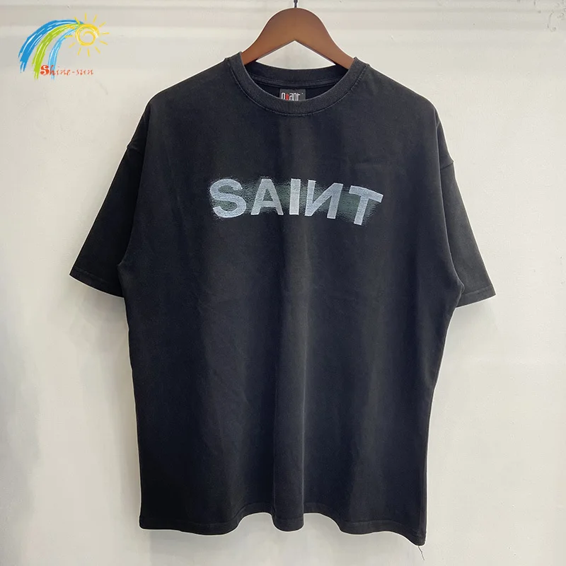 

Классическая футболка с буквенным логотипом и принтом Saint для мужчин и женщин, уличная винтажная потертая черная футболка большого размера, простая повседневная футболка с биркой