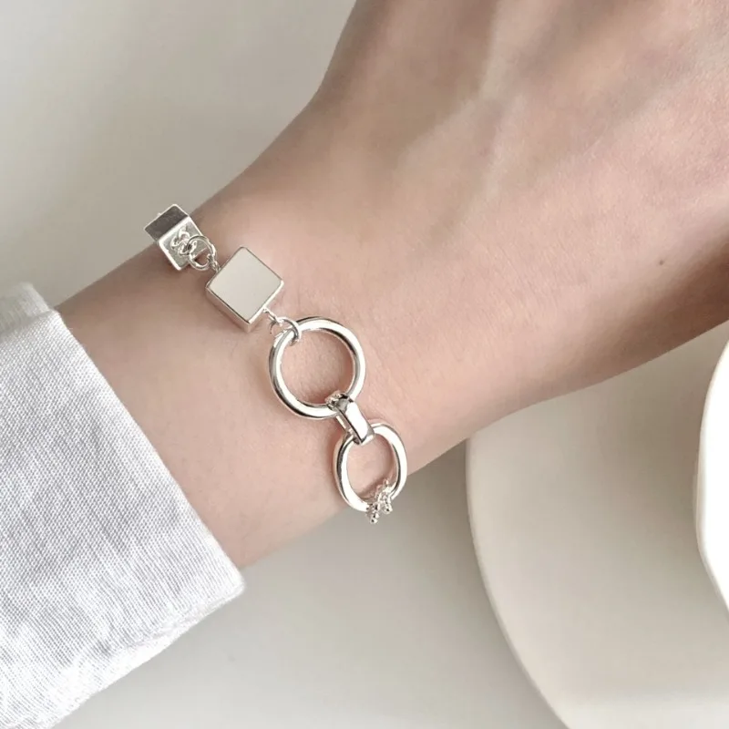 

925 Sterling Silver Geometric Chic Block Hollow Circle Bracelet for Women Fine Jewelry Minimalist Accessories Wholesale
