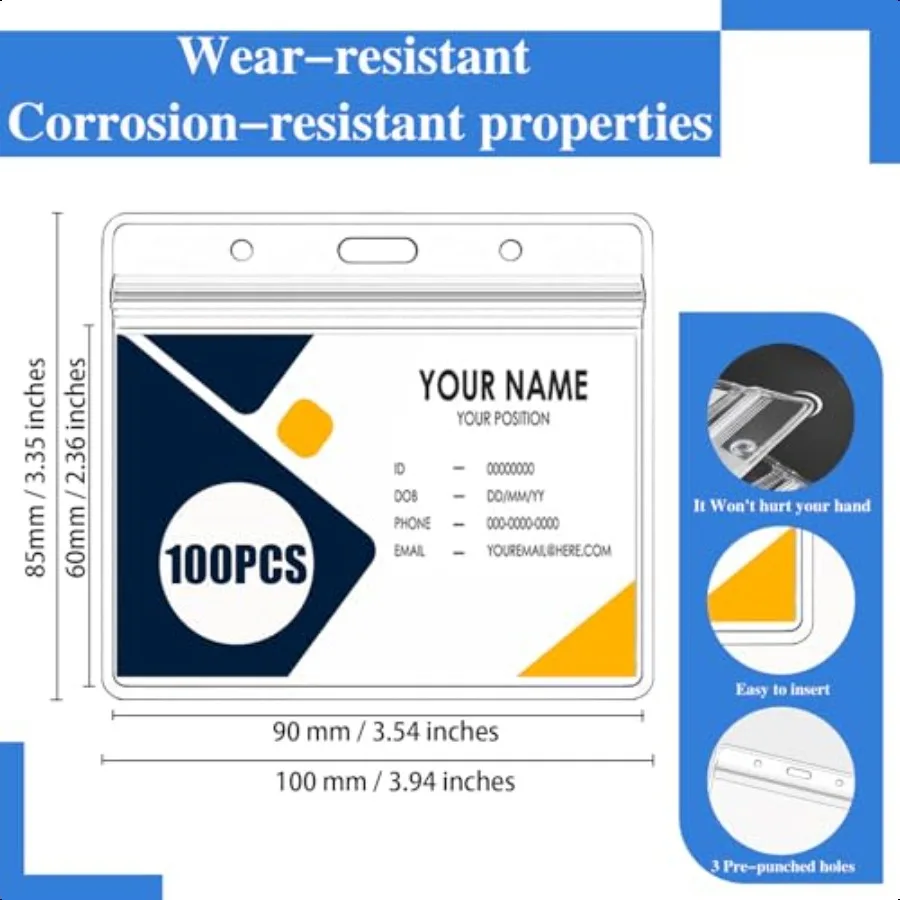 Horizontal Badge Holder Extra Thick ID Card Name Badge Holder Name tag Holder with Waterproof Type Resealable Zip 100 Pcs