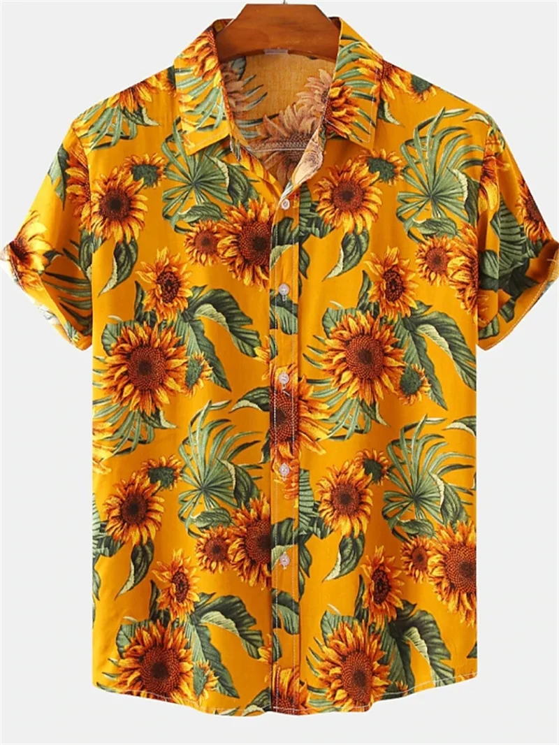 Camisa floral de lapela masculina de botão manga curta, camisa casual verão, presente férias de praia, tudo