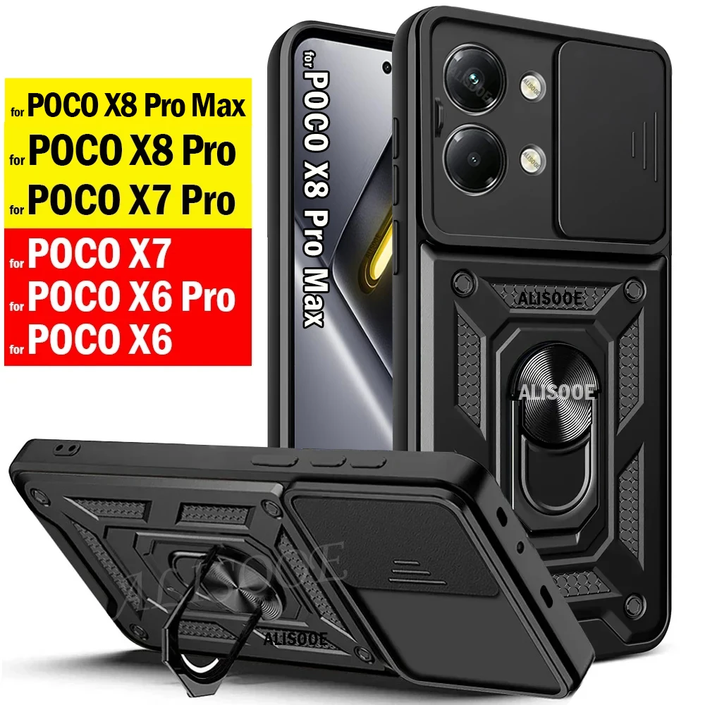 Coque pour POCO X8 Pro Max X7 Pro X6, protection d'objectif coulissante, étui antichoc avec support anneau pour Xiaomi POCO X7