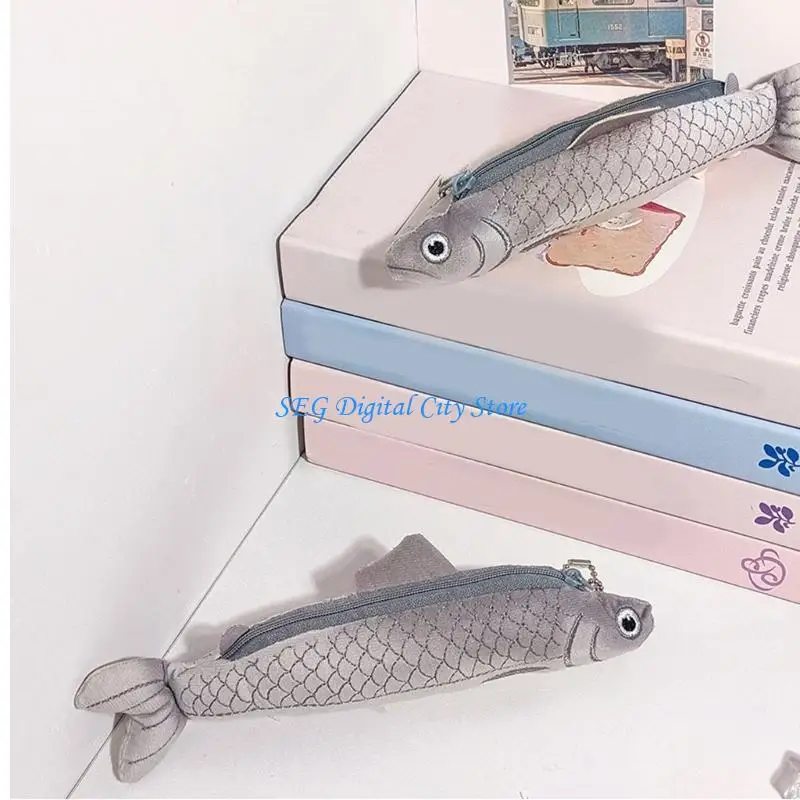 U75B Plush Fish Pencil Case Multifunctional Plush Pencil Pouches Portable Pen Organiser Storage Bag For School Offices