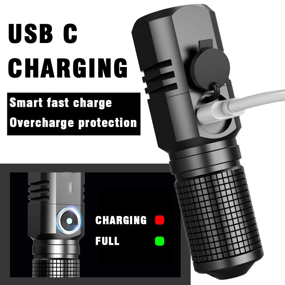 Powerful XHP50 Mini LED Flashlight USB C Rechargeable Aluminum Alloy Torch Zoomable Pocket Hand Lights 3Modes 18650 Battery Lamp