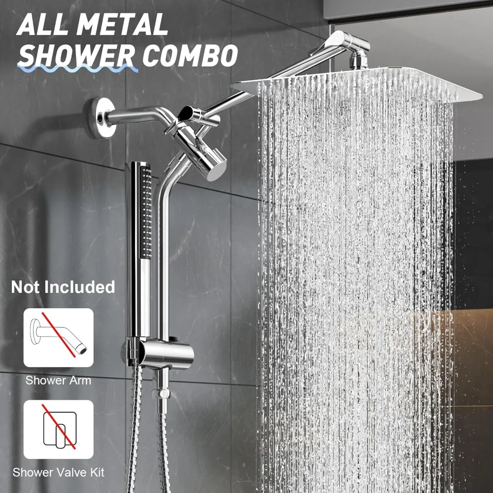 10'' All Metal Rain Shower Head with Handheld Spray Combo, Wide Square Showerhead with Extension Arm & Power Wash, Chrome