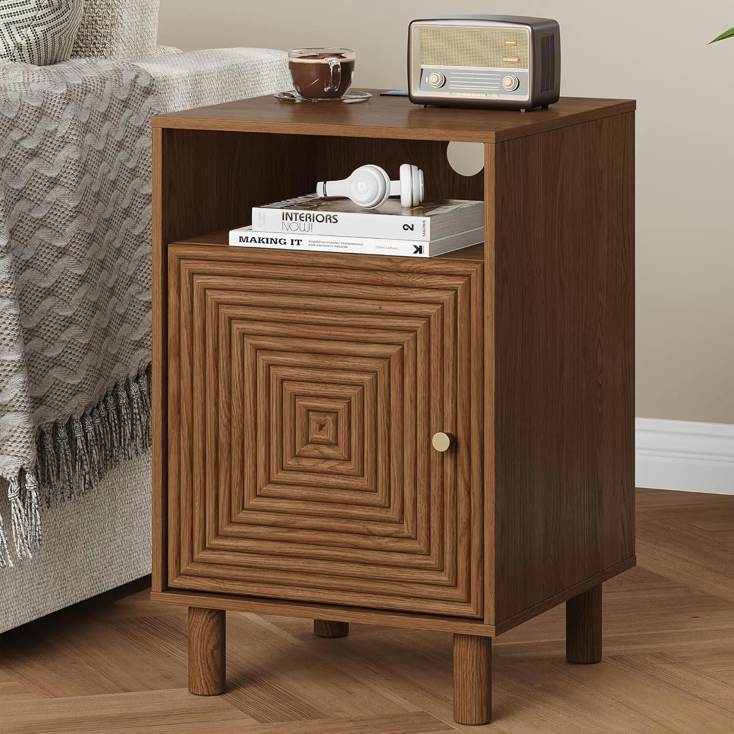 

Nightstand with Door, Modern Side Table with Charging Station, Accent End Table with Solid Wood Legs, Bedside Table for Bedroom,