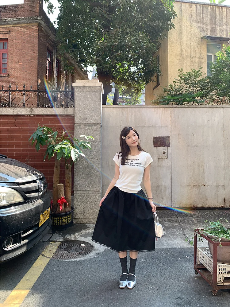 화이트 프린트 오르트 스웨 티셔츠 여성용 라운드 넥 슬림핏 순면 탑 봄 여름 신상 캐주얼 창의적 디자인