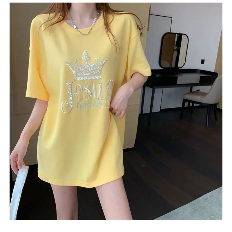Summer New Women's Oversized Cotton T-Shirt Sequin Crown Letter Glittering Queen Designer Casual Loose Crewneck Top