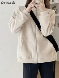 Fleece Hoodies Women Autumn Winter Plus Velvet Stand Collar Pockets Loose Solid Zipper Sweatshirts Warm Simple All-match Casual