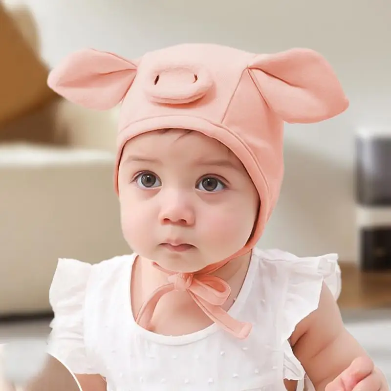 Soft Cotton Baby Swine Hat Breathable Warm Baby Beanie Hat For Boys And Girls Cute Swine Beanie Hat With Strap For Babies