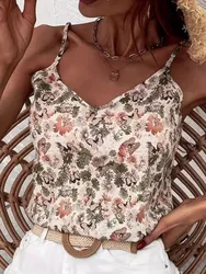 Camisole Tops For Lady Sleeveless V-neck Sexy Casual Tops Off Shoulder New Floral Printing Vintage Pullover Tanks 2024 Summer
