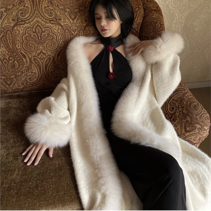 2023 New Spring Women Cape with Real Fox Fur Collar Knitting Sweater Coat Fox Fur Cuff Lady\'s Fashion Long Sweater Poncho Shawl