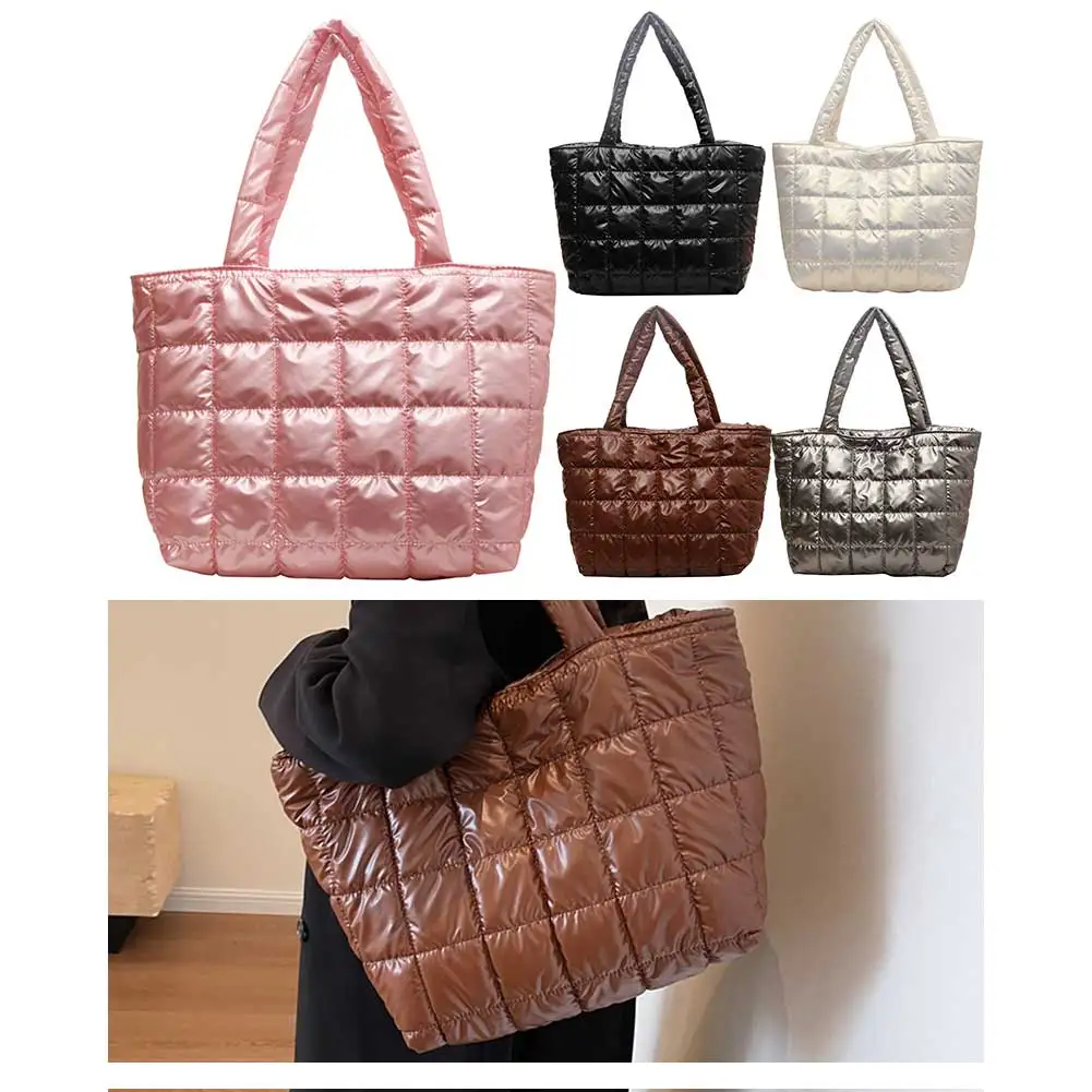 

Winter Shoulder Bag Gloss Surface Women Girls Quilted Handbags Large Capacity Plain Check Bag Basic Style for Shopping Traveling