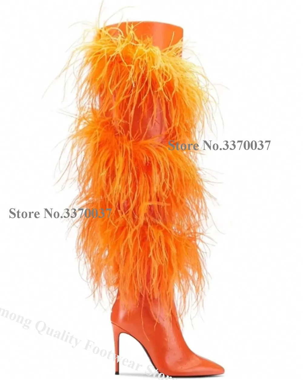 Linamong Charming Orange White Leather Long Fur Stiletto Heel Knee High Boots Pointed Toe Back Zipper-up Thin Heel Long Boots